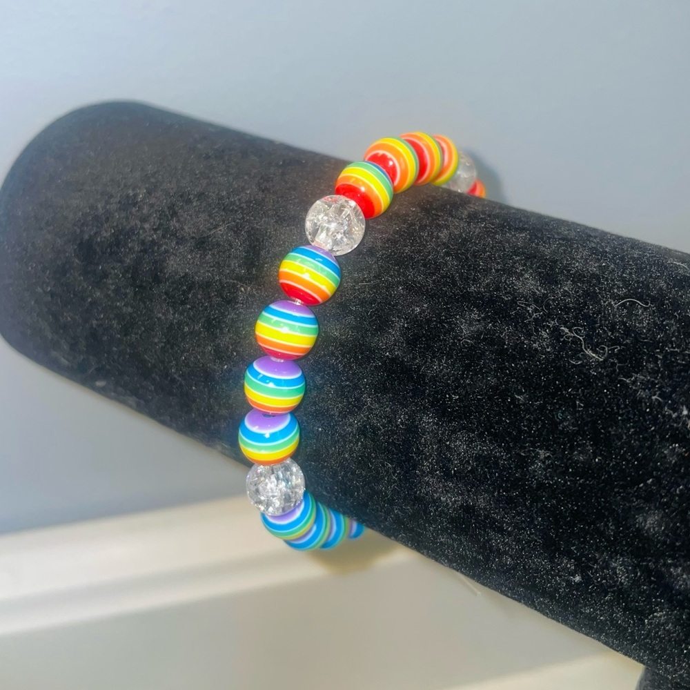 Handmade rainbow and accent crackle beaded bracelet